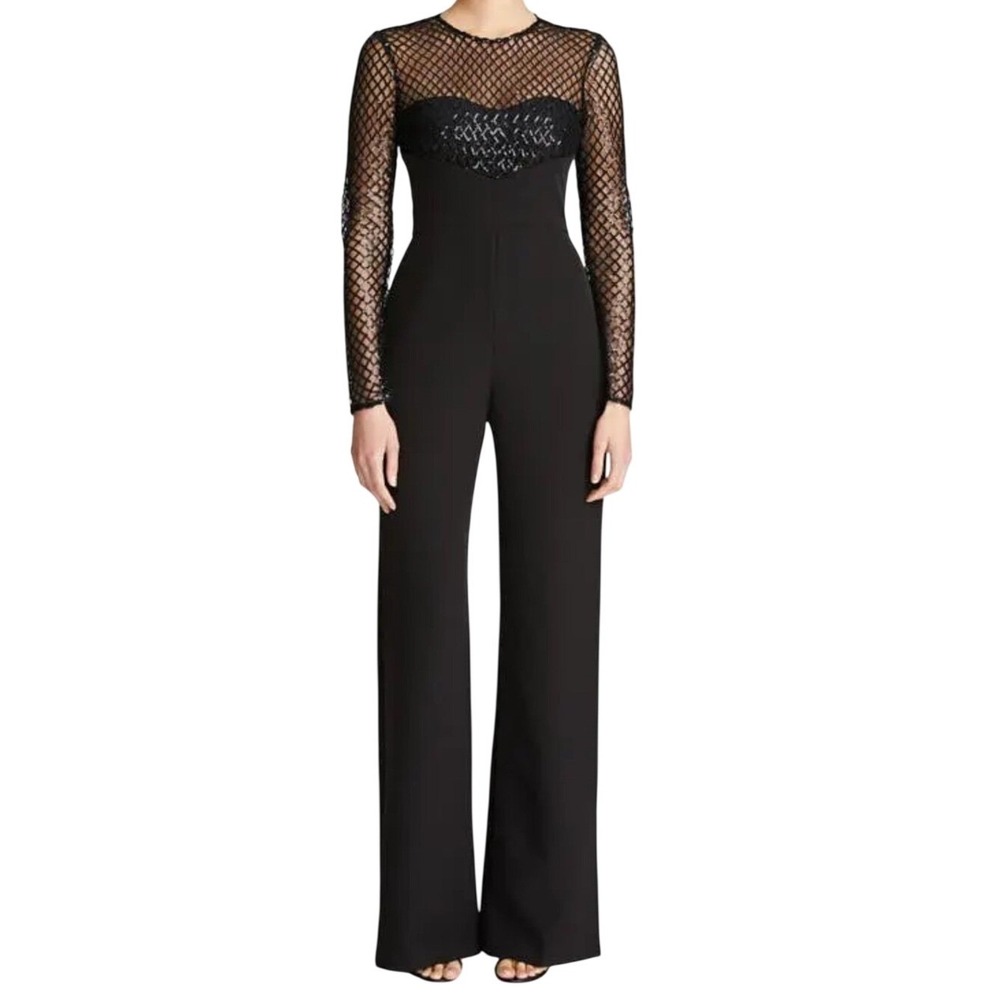 Halston Heritage Jac Sequin Mesh Illusion Wide Leg Jumpsuit Black Size 4
